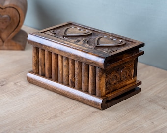 Hand Carved Walnut Puzzle Box with Hearts, Custom Keepsake Box
