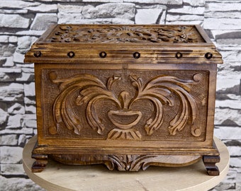 Hand Carved Walnut Keepsake Box, Decorative Hidden Lock Jewelry Box
