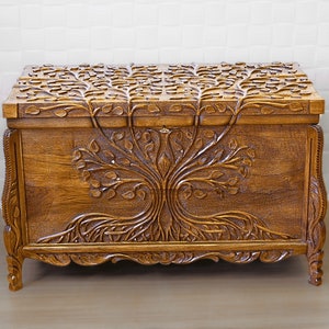 Hand-Carved Walnut Wood Trunk: Tree of Life Blanket Chest