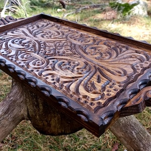 Walnut Wood Engraved Serving Tray with Handle, Handmade Ottoman Tray, Wood Decorative Tray, Carved Design Tray, Desk Tray
