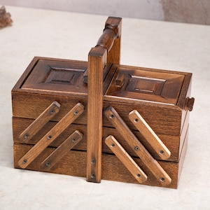 Handmade Wooden Tool Box , Vintage Cantilever Storage for Tools , Rustic Wood Chest Gift for Him