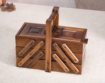 Wooden Cantilever Tool Box, Solid Beech Fold-Out Workshop Organizer
