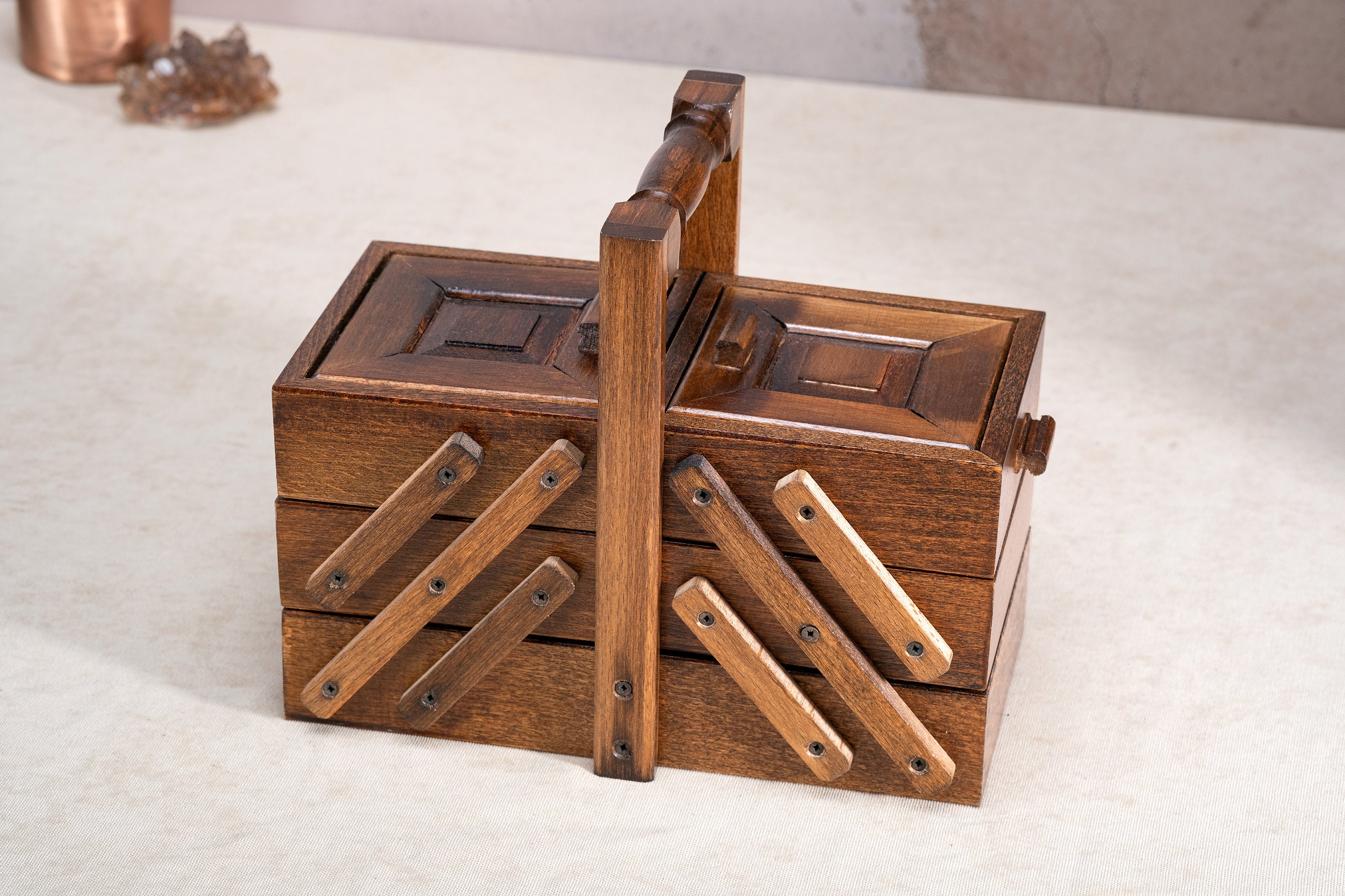 Wooden Cantilever Tool Box, Solid Beech Fold-out Workshop