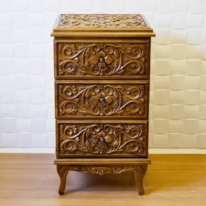 Hand-Carved 3-Drawer Chest, Mid Century Style Dresser, Antique Furniture for Art Lovers, Unique Housewarming Gift Idea,Kiln Dried Solid Wood