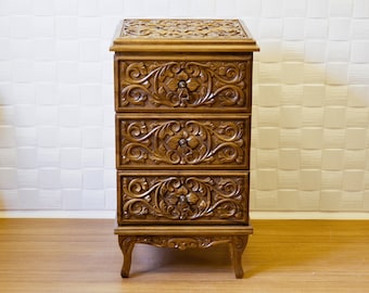 Hand-Carved Walnut 3-Drawer Chest: Mid-Century Style Nightstand