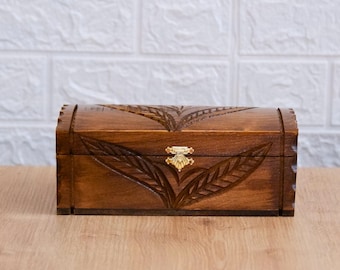 Hand-Carved Wooden Treasure Box: Rustic Jewelry Keepsake with Red Velvet