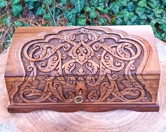 Locked Walnut Wood Jewelry Box: Handmade Vintage Keepsake Chest