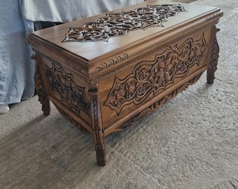 Hand Carved Walnut Wooden Trunk, Rustic Blanket Chest, Heirloom Gift