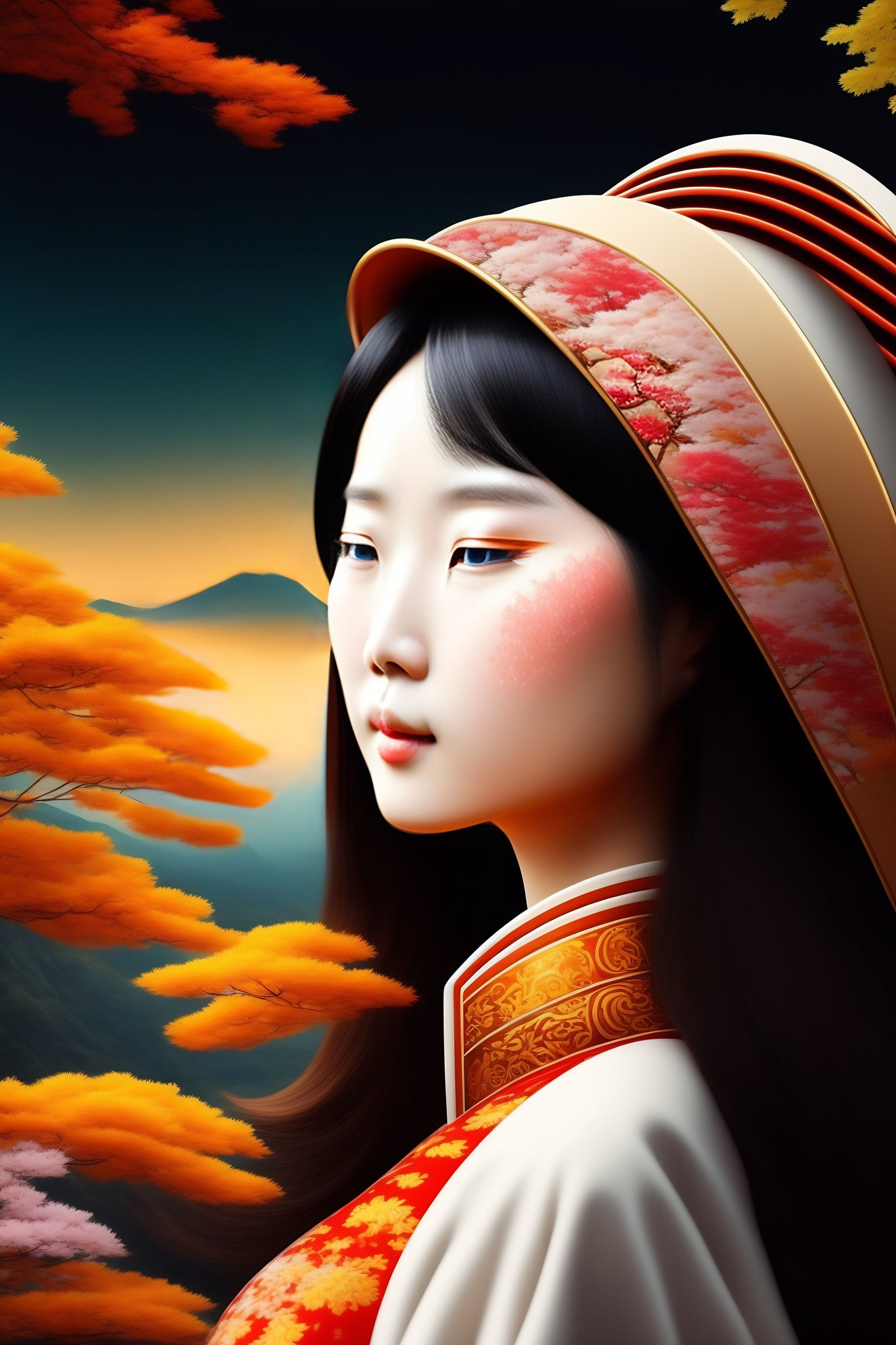 Japanese Woman Digital Art Print, AI Generated, Midjourney, Wall Art