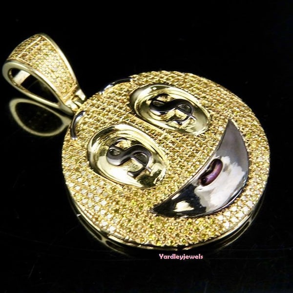 Custom Made Solid 925 Sterling Silver SMILEY FACE Emoji Pendant Iced Out Simulated Diamonds Rhodium