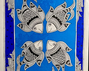 Mithila Painting Fishes/ Blue/ Matsya/ Madhubani