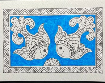 Mithila Painting Fishes/ Blue/ Matsya/ Madhubani