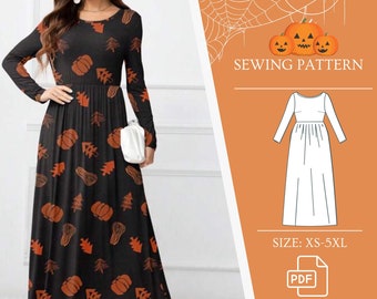 Halloween A-Line Dress Sewing Pattern: Long Sleeve, Pockets (PDF Pattern)