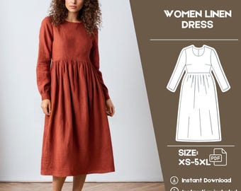 A-lijn jurk met verzamelde taille, linnen jurk, lange mouw, jurk met naai-pdf-patroon, linnen jurk hoge taille, doe-het-zelf, tutorial, XS-5XL