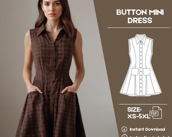 Button Dress Sewing Pattern , Dress Sewing Pattern , Pockets Dress Pattern , Sleeveless Dress Sewing Pattern , Collared Dress, Shirt Dress