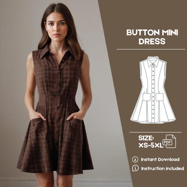 Button Dress Sewing Pattern , Dress Sewing Pattern , Pockets Dress Pattern , Sleeveless Dress Sewing Pattern , Collared Dress, Shirt Dress
