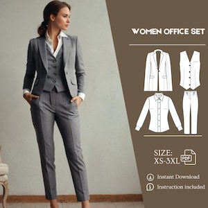 以下が含まれることがあります： ブレザー、ベスト、パンツ、シャツを含む女性のオフィスセットのデジタルパターン。パターンはXS-3XLサイズで、縫製手順が含まれています。パターンはすぐにダウンロードできます。