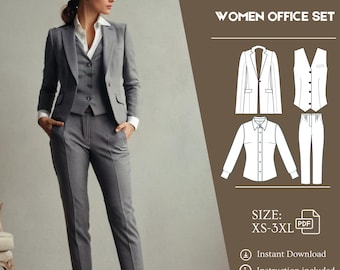 Patrón de costura en PDF de 4 paquetes, patrón de blusa, patrón de costura de chaleco, patrón de chaqueta, patrón de pantalón en PDF para mujer
