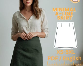 Green Linen High Waist Mini Skirt, Sewing Skirt, Back Zipper, PDF Pattern,  Easy Beginner Patterns, US Size 2-30