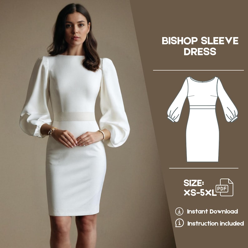 Op de afbeelding: Een witte jurk met bisschopmouwen, een getailleerd bovenstuk en een rok die tot op de knie valt. De jurk heeft een eenvoudig, elegant ontwerp en is perfect voor verschillende gelegenheden. De afbeelding bevat ook een lijntekening van de jurk en tekst met de tekst "Bishop Sleeve Dress" en "Maat: XS-5XL".