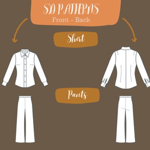 May include: A white shirt and pants sewing pattern with front and back views. The pattern is labeled "Shirt" and "Pants".