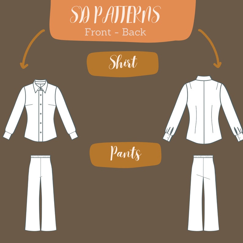 May include: A white shirt and pants sewing pattern with front and back views. The pattern is labeled "Shirt" and "Pants".