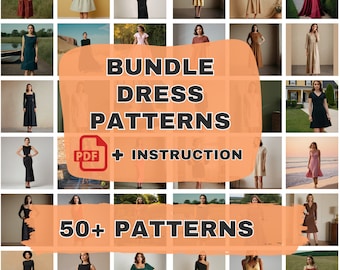 Mega Bundle 50+ Sewing Dress Patterns, Linen Dress, A-Line Dress, Neckline : Boat-Scoop-Strap-Square, High Waist Dress, Empire Waist, Gift