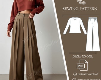 Set Palazzo Pants and Top Sewing Pattern, Zipper Back Top Long Sleeve, Wide Leg Trouser with Pockets, XS-5XL, Bundle PDF Patterns Sewing