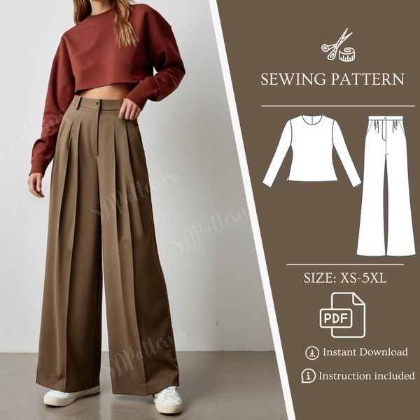 Set Palazzo Pants and Top Sewing Pattern, Zipper Back Top Long Sleeve, Wide Leg Trouser with Pockets, XS-5XL, Bundle PDF Patterns Sewing