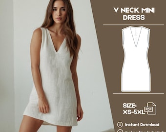 Nähen Kleid Pdf Muster, V-Ausschnitt Leinen Kleid , Ärmelloses Kleid, Mini Kleid, Digitales Schnittmuster, Sommerkleid