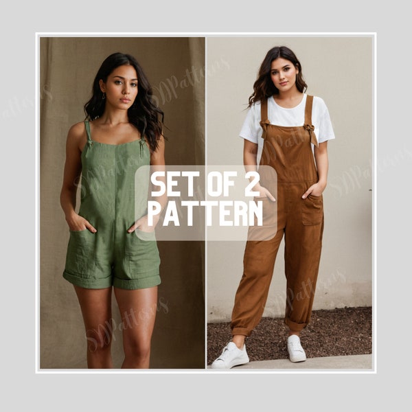 Set Romper Jumpsuit Sewing Pattern, XS-XXXL, Women Jumpsuit Pattern, Linen Cotton Jumpsuit, Dungaree Pant Loose Trouser, Bundle