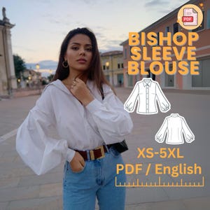 Bishop Sewing Blouse Pattern, lantern sleeve shirt, XS-5XL, digital pattern top, puff sleeve top, PDF Pattern shirt