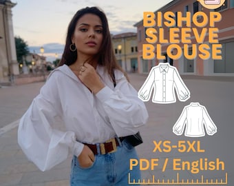 Bishop Sewing Blouse Pattern, lantern sleeve shirt, XS-5XL, digital pattern top, puff sleeve top, PDF Pattern shirt
