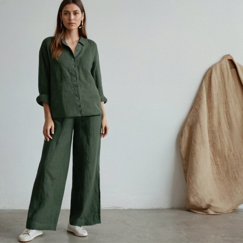 May include: A woman is wearing a green linen shirt and matching wide-leg pants. She is standing in front of a white wall with a tan linen fabric draped over a chair in the background.