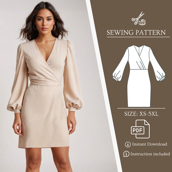 Bishop Sleeve Dress Sewing Pattern Dress Sequin Bodycon Dress PDF Easy Sewing Pattern V Neck Evening Lace Wrap Dress XS 5XL Etsy UK