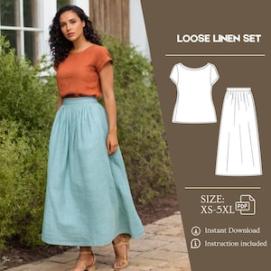 Pode incluir: Um padrão de costura para um conjunto de linho solto em formato PDF. O padrão inclui uma blusa e uma saia. A blusa tem um decote redondo e mangas curtas. A saia é uma saia longa com cintura franzida. O padrão está disponível nos tamanhos XS-5XL. A imagem mostra uma mulher usando um conjunto semelhante com uma blusa laranja ferrugem e uma saia azul claro.