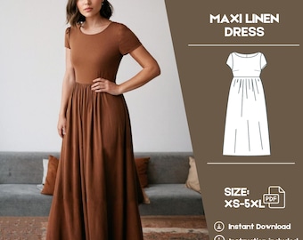 Linen Women sewing Dress, PDF pattern, Gathering skirt, smock dress pattern, easy sewing dress with pockets, XS to 5XL