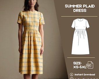 Plaid Sewing Dress, Cotton or Linen Dress, Pockets dress, gather dress pattern, easy sewing dress, PDF