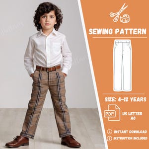 May include: Sewing pattern for boys' pants, sizes 4-12 years. The pattern is in PDF format and includes instructions. The pattern is for US Letter size paper.