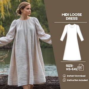 Puede incluir: Un patrón de costura digital para un vestido suelto midi con mangas largas. El patrón está disponible en tallas XS-5XL y es una descarga instantánea. El patrón incluye instrucciones.