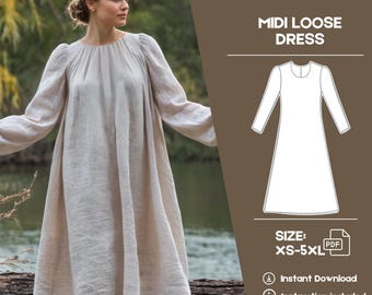 Boho maxi-jurk pdf naaipatroon | Jurk met lange mouwen | Maten XS-5XL | Eenvoudig linnen jurkpatroon | Tutorial boerenjurk