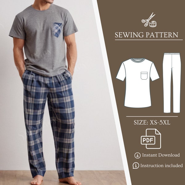 Schnittmuster-Bundle für Herren-Pyjama-Hosen und T-Shirt, Pyjama-Muster, Schnittmuster für Pyjamas, Schnittmuster für Lounge-Hosen PDF, XS-5XL