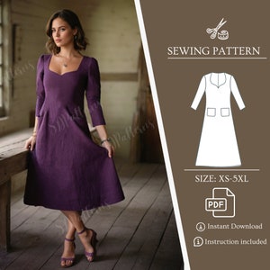 V-Neck Trapeze Long Sewing Dress, PDF Pattern, Pockets Dress, Instant download Pattern, A4/Letter, XS-5XL, Oversized Long Dress