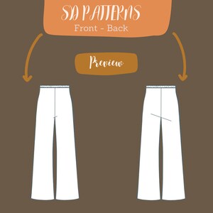 Pu&ograve; includere: Un'illustrazione digitale di un paio di pantaloni bianchi con vista frontale e posteriore. I pantaloni hanno una gamba larga e una cintura. Il testo "SD PATTERNS Front - Back" e "Preview" sono anche inclusi nell'immagine.