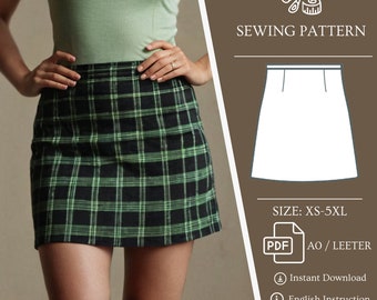 Plaid Skirt PDF Pattern A line Skirt Pattern, PDF printable sewing pattern Easy Mini Skirt Basic Slope Pattern