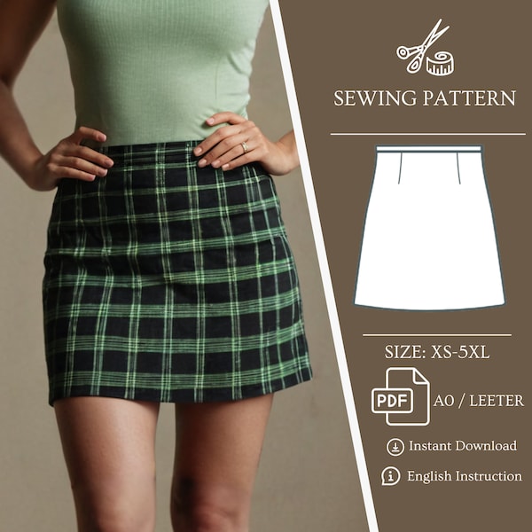 Plaid Skirt PDF Pattern A line Skirt Pattern, PDF printable sewing pattern Easy Mini Skirt Basic Slope Pattern