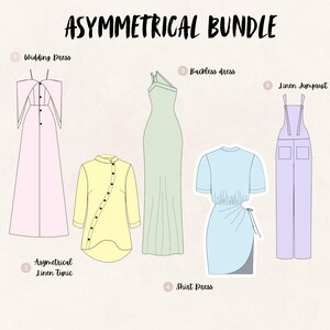 May include: Illustration of five different clothing designs with asymmetrical details. The designs include a wedding dress, a linen tunic, a backless dress, a shirt dress, and a linen jumpsuit.