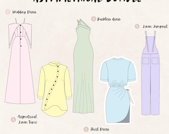 Asymmetrical Sewing Pattern Bundle - Wedding Dress, Linen Tunic, Backless Dress, Shirt Dress, Linen Jumpsuit PDF Patterns XS-3XL