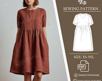 A-Line Loose Dress, Linen Dress, Sewing PDF pattern dress, Hight waist linen dress, do it yourself, tutorial pdf sewing size XS-5XL
