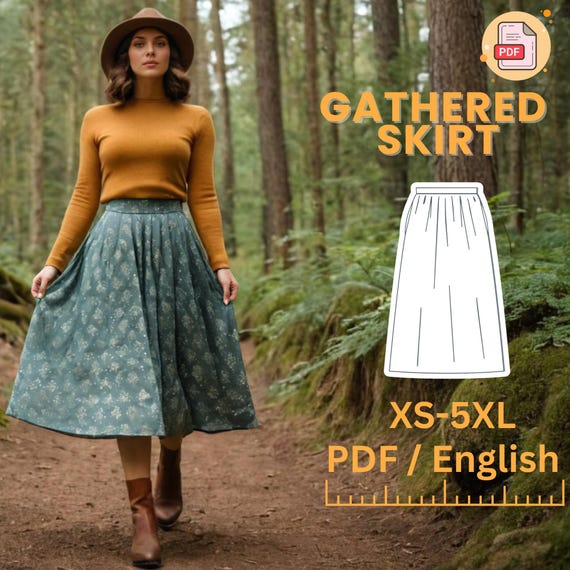 Vintage-Inspired Cottagecore Skirt Sewing Pattern PDF | High-Waisted Gathered Skirt | Sizes XS-5XL | Flare Skirt